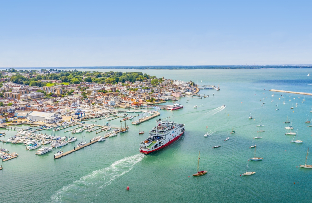 drone photo of ferry sailing past cowes