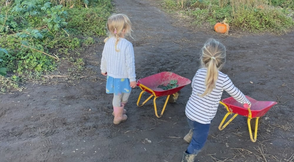 two children with mini wheelbarrows